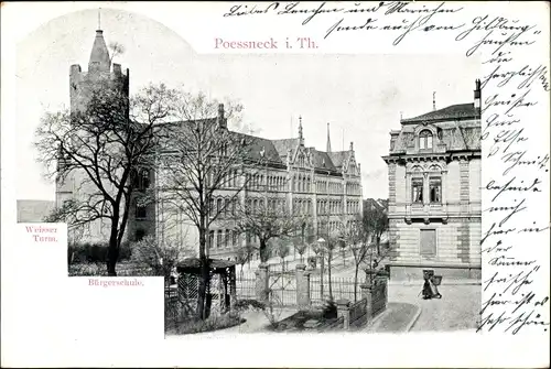 Ak Pößneck in Thüringen, Bürgerschule, weißer Turm