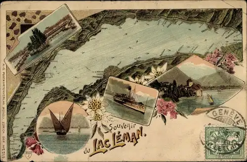 Landkarten Litho Chillon Lac Léman Kt. Waadt Schweiz, Vevey, Genève Genf