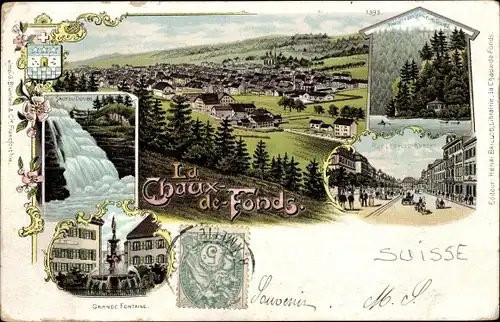 Litho La Chaux de Fonds Kanton Neuenburg, Panorama, Grande Fontaine, Saut du Doubs, Rue