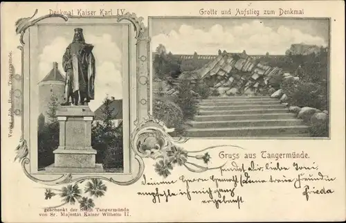Ak Tangermünde an der Elbe, Denkmal Kaiser Karl IV, Grotte und Aufstieg zum Denkmal