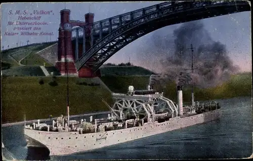 Ak Deutsches Kriegsschiff, SMS Vulkan, Hebeschiff für Unterseeboote, Kaiser Wilhelm Kanal Hochbrücke