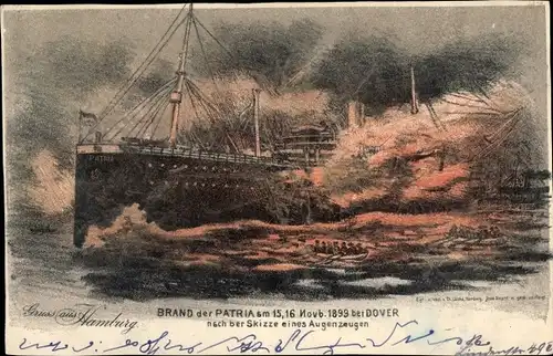 Künstler Ak Dampfer Patria, HAPAG, Brand im Kanal bei Dover 1899