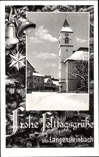 Passepartout Ak Langensteinbach Karlsbad in Baden, Kirche, Winteransicht, Weihnachten, Glocken
