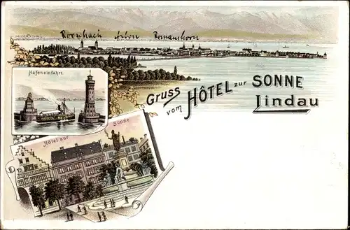 Litho Lindau am Bodensee Schwaben, Hafeneinfahrt mit Löwe, Leuchtturm, Hotel zur Sonne