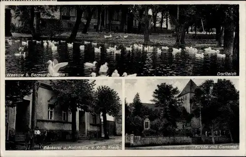 Ak Weesow Werneuchen im Barnim, Dorfteich, Bäckerei und Kolonialwarenhandlung Wilh. Klaus, Kirche