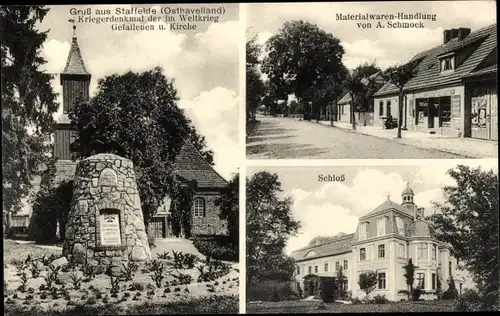 Ak Staffelde Kremmen in Brandenburg, Kriegerdenkmal, Materialwaren-Handlung, Schloss