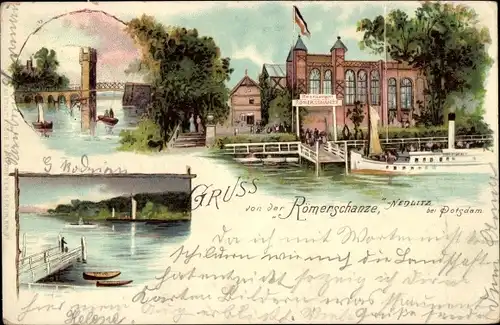 Litho Nedlitz Potsdam in Brandenburg, Gasthaus Römerschanze, Brücke