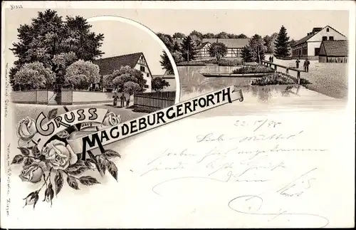 Litho Magdeburgerforth Möckern im Jerichower Land, Teich, Straßenpartie im Ort