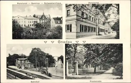 Ak Gnadau Barby an der Elbe, Bahnhof, Pensionat, Schwesternhaus, Promenade