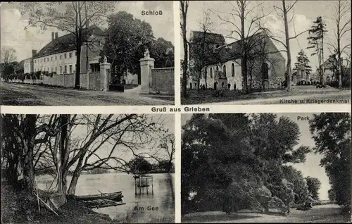 Ak Grieben Tangerhütte in der Altmark, Schloss, Kirche, Kriegerdenkmal, Am See, Park
