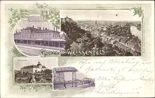 Litho Weißenfels im Burgenlandkreis, Bahnhofsrestaurant, Schloss, Bahnübergang, Totale vom Ort