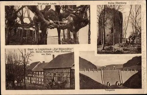 Ak Herrmannsacker Harztor in Thüringen, Ruine Ebersburg, Talsperre, Gasthaus Zur Sägemühle