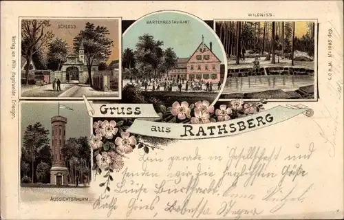 Litho Rathsberg Marloffstein Mittelfranken, Schloss, Gartenrestaurant, Turm