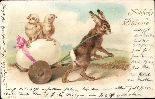 Litho Glückwunsch Ostern, Hase zieht einen Handkarren mit Ei und Küken