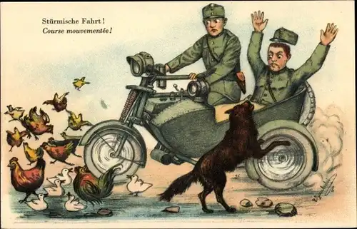 Künstler Ak Stürmische Fahrt, Schweizer Soldaten, Motorrad mit Beiwagen, Hühner