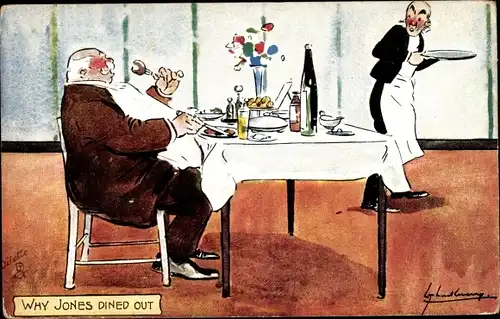 Künstler Ak Why Jones dines out, Mann im Restaurant, Kellner