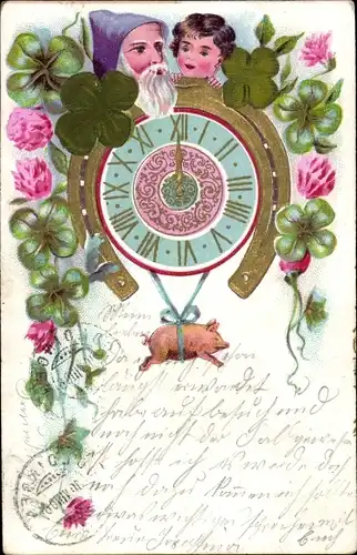 Präge Litho Zwerg, Hufeisen, Schwein, Kleeblätter, Uhr