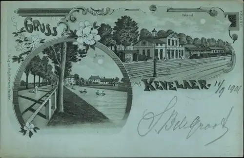 Mondschein Litho Kevelaer am Niederrhein, Bahnhof, Niers