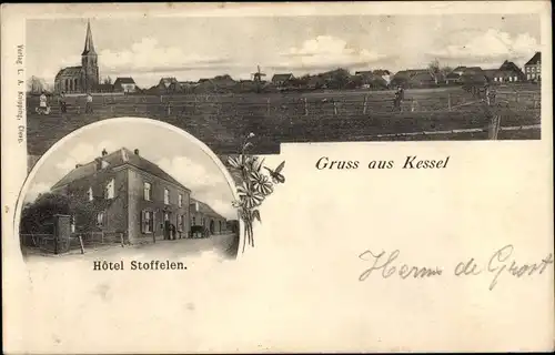 Ak Kessel Goch am Niederrhein, Gesamtansicht, Kirche, Hotel Stoffelen