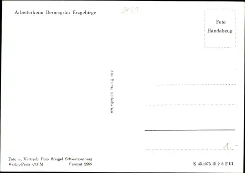 Ak Bermsgrün Schwarzenberg im Erzgebirge, Arbeiterheim, Speiseraum