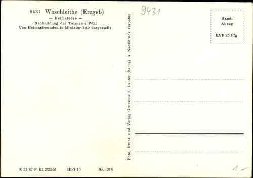 Ak Waschleithe Grünhain Beierfeld im Erzgebirge, Nachbildung der Talsperre Pöhl, Miniatur 1:40