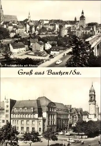 Ak Bautzen in der Lausitz, Friedensbrücke mit Altstadt, Blick zum Reichenturm