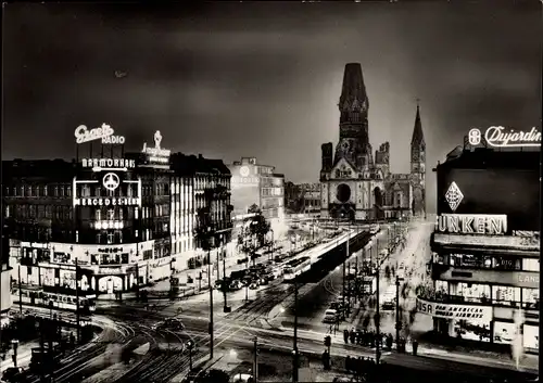 Ak Berlin Charlottenburg, Kaiser Wilhelm Gedächtniskirche, Marmorhaus, Nacht, Leuchtreklame