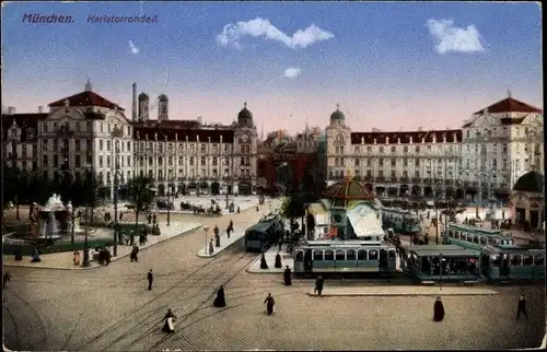 Ak München, Straßenbahnen am Karlstorrondell, Pavillon