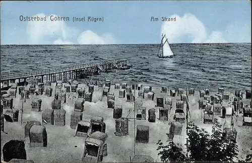 Ak Ostseebad Göhren auf Rügen, Am Strand, Segelboot, Strandkörbe