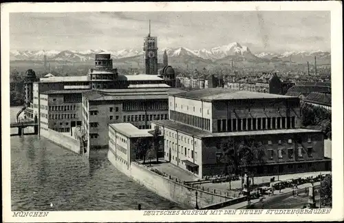 Ak München Bayern, Deutsches Museum mit den neuen Studiengebäuden