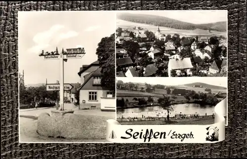 Ak Seiffen im Erzgebirge, Panorama, Teich, Verkehrschilder