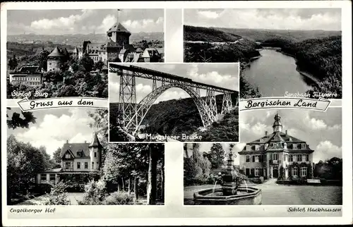 Ak Burg an der Wupper Solingen, Schloss Burg, Schloss Hackhausen, Engelberger Hof, Müngstener Brücke