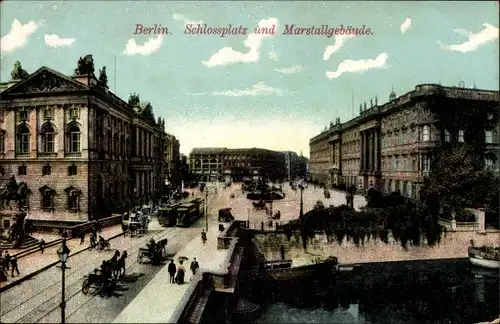 Ak Berlin Mitte, Schlossplatz und Marstallgebäude, Kutsche, Tram