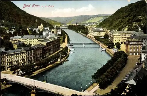 Ak Bad Ems an der Lahn, Panoramablick mit Kanalpartie