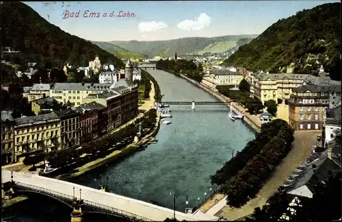 Ak Bad Ems an der Lahn, Panoramablick mit Kanalpartie