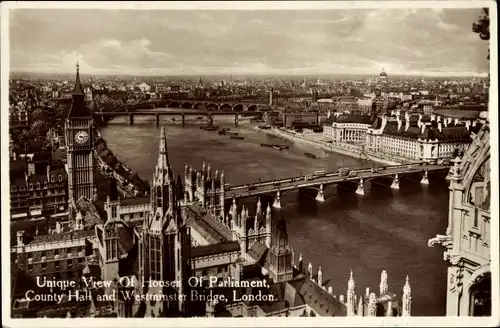 Ak London City England, Unique View of Houses of Parliament, County Hall and Westminster Bridge