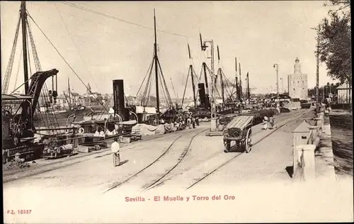 Ak Sevilla Andalusien, El Muelle y Torre del Oro