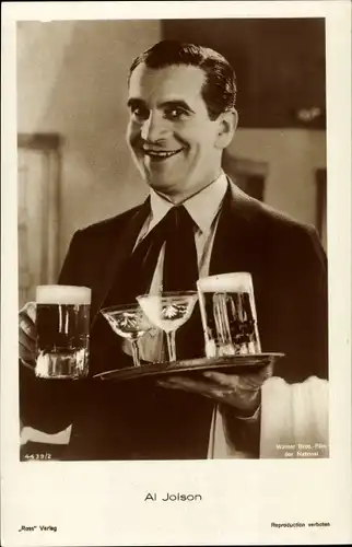Ak Schauspieler Al Jolson, Portrait im Anzug, Bierglas, Ross Verlag 4439 2