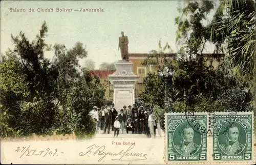 Ak Ciudad Bolívar Venezuela, Plaza Bolivar, Monumento