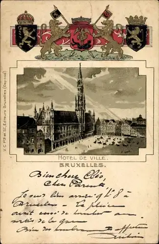 Präge Wappen Passepartout Litho Bruxelles Brüssel, Hotel de Ville
