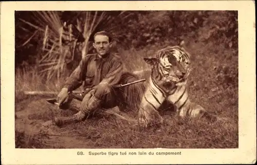 Ak Superbe tigre tué non loin du campement, Tigerjagd