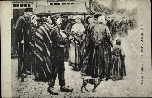 Künstler Ak Blinder Mann mit Hund, Straßenpartie, Passanten