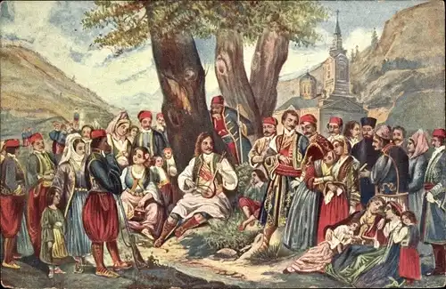 Ak Musiker am Baum, Musikinstrumente, Zuhörer, Russische Tracht