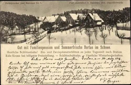 Ak Borlas Klingenberg im Erzgebirge, Gut mit Familienpension Borlas im Schnee