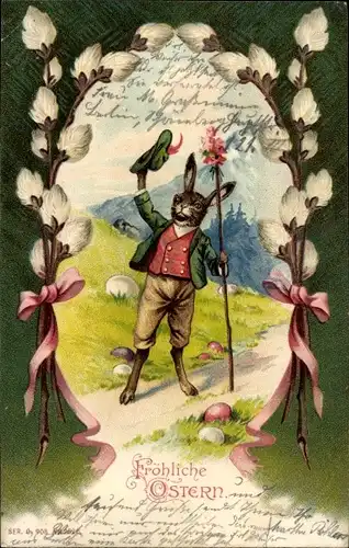 Ak Glückwunsch Ostern, Vermenschlichter Osterhase, Weidenkätzchen