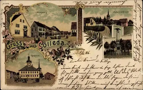 Litho Cölleda Kölleda in Thüringen, Marktplatz, Rathaus, Johanniskirche, Kriegerdenkmal