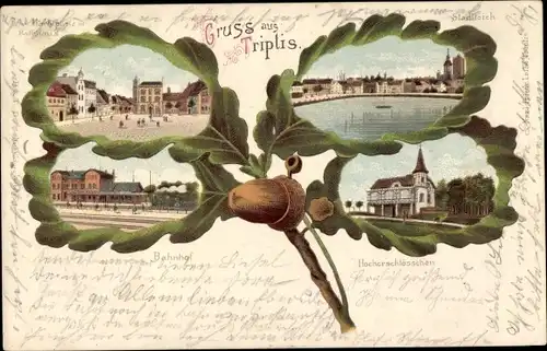 Eichenblatt Litho Triptis in Thüringen, Bahnhof, Marktplatz, Rathaus, Stadtteich, Hockerschlösschen