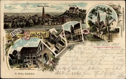 Litho Landshut in Niederbayern, Martinskirche, Trausnitz, Heiligenblut, Denkmal