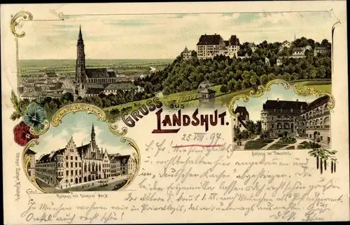 Litho Landshut in Niederbayern, Gesamtansicht, Schloss, Rathaus