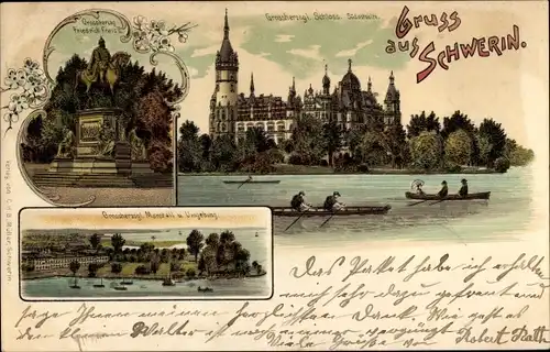Litho Schwerin in Mecklenburg, Großherzogliches Schloss, Großherzog Franz II. Denkmal, Marstall